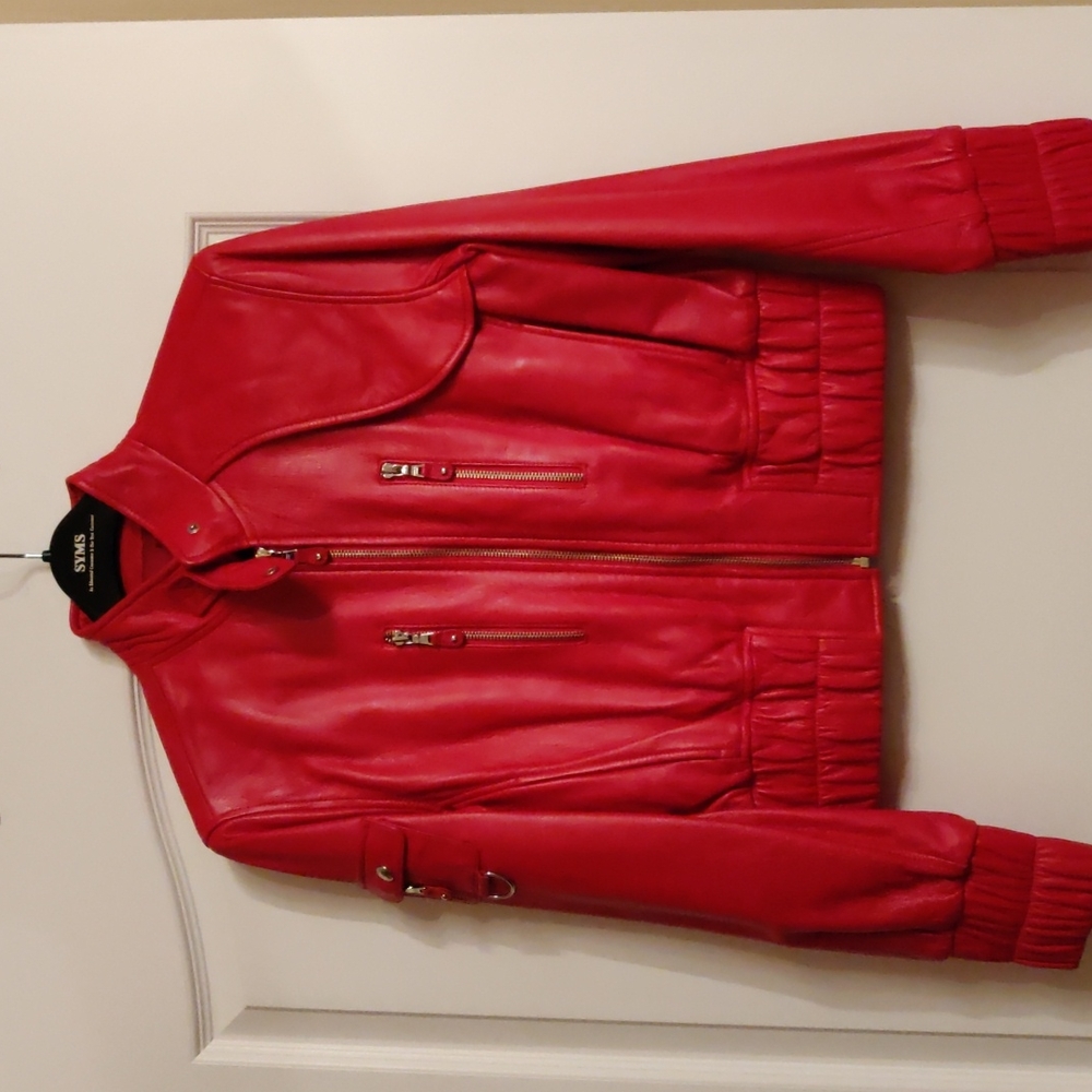 Red Andrew Mars. Full grain leather bamber jacket.As new.